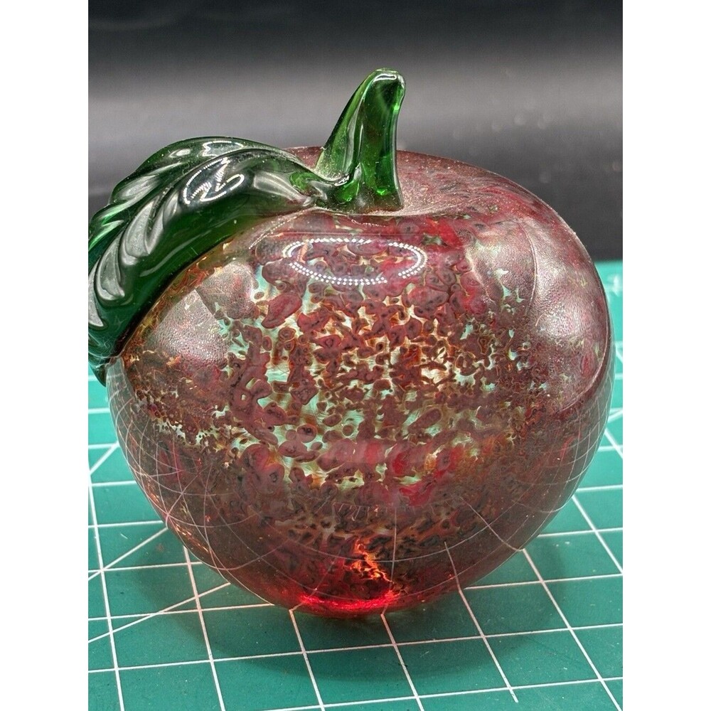 Vintage Art Glass 3" Red Apple With Green Leaf Paperweight